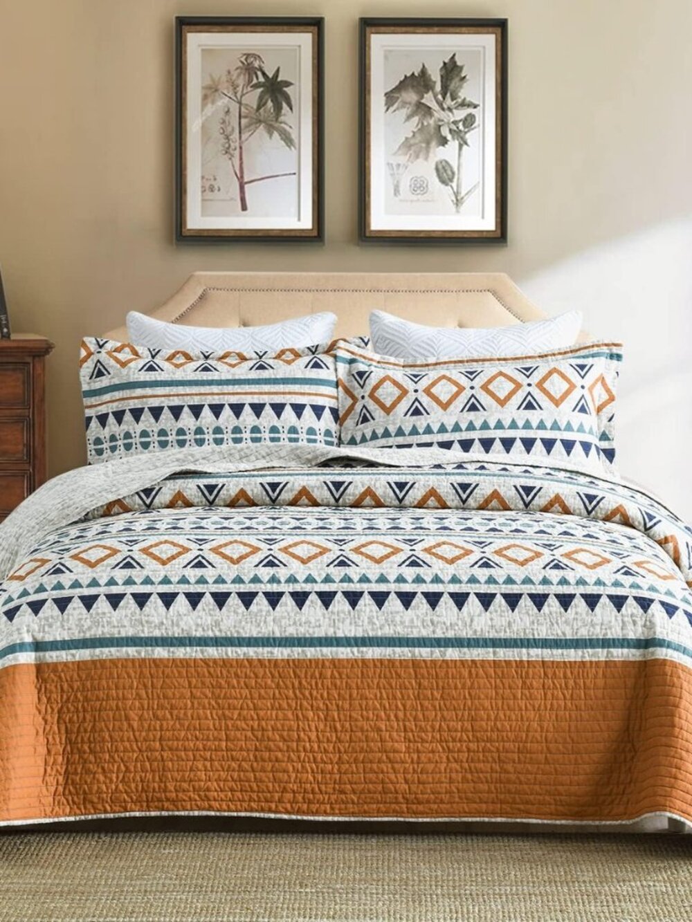 Quilt Set Queen Size, Cotton Boho Queen Bedspread, Burnt Orange